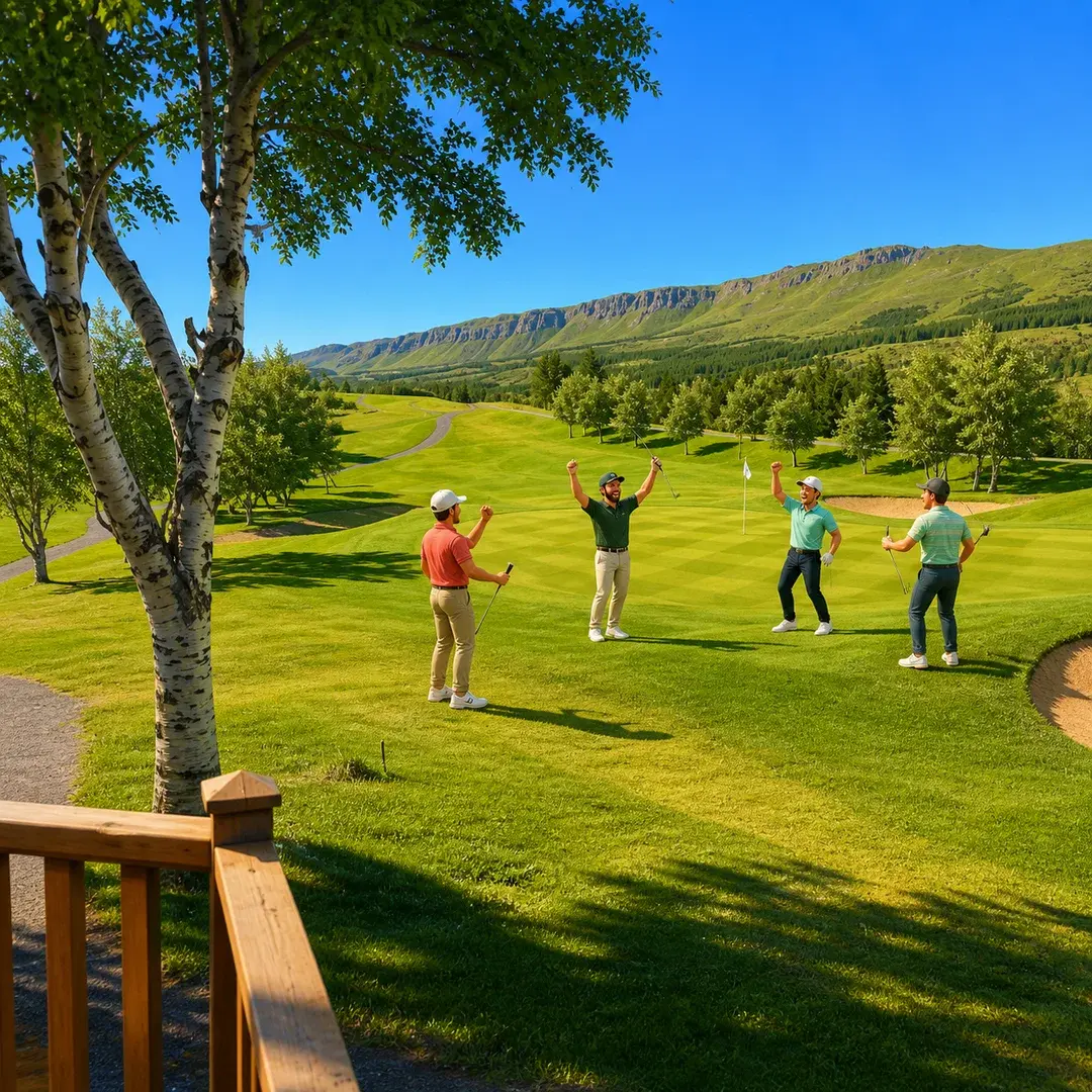 Golfers cheering on the green at the 18th hole
